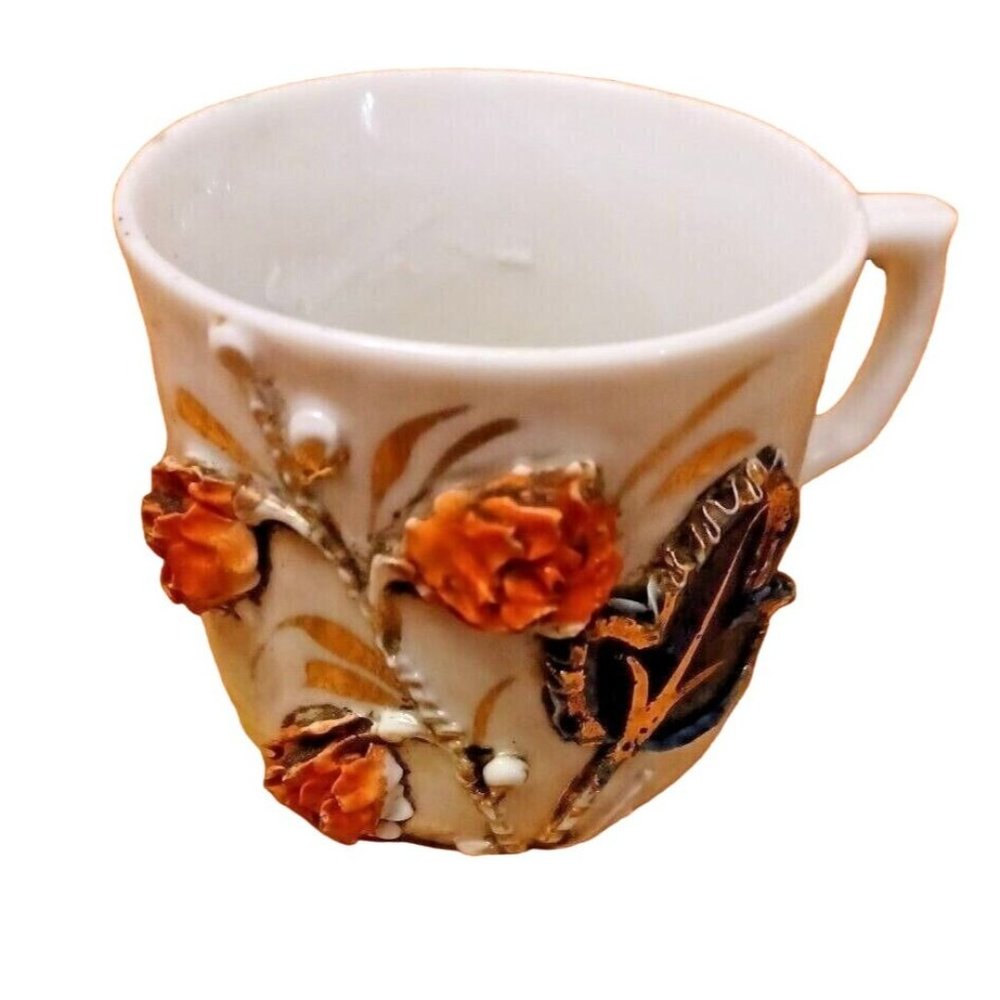 Teacup Demi Cup Stamped 1912 Germany Blue Leaf Gold Accents 3D Flowers Antique